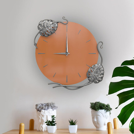 Часы настенные Monstera Deliciosa (Монстера) Колор Томленый оранжевый Сильвер
