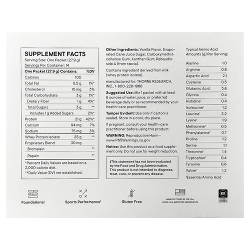 Thorne, Изолят сывороточного протеина, ваниль, 14 пакетиков по 27,9 г (0,98 унции)