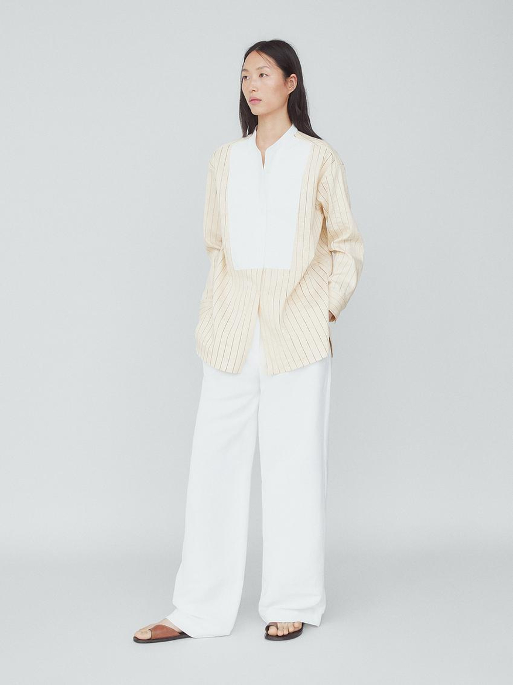 Massimo Dutti Рубашка из смесового хлопка в полоску с нагрудной деталью, желтый