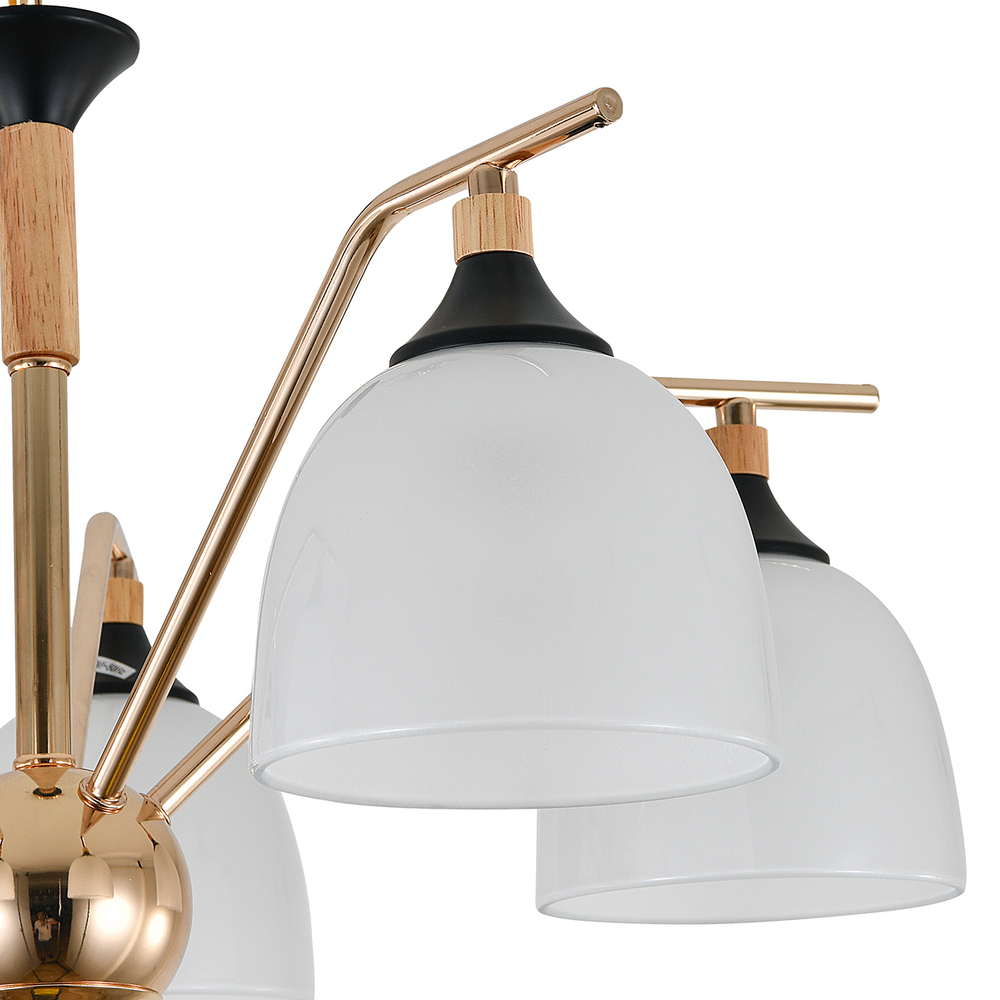 Люстра подвесная 5x40Вт E27, металл/стекло, черный/дерево, белый матовый плафон