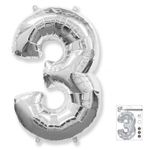 Шар (40''/102 см) Цифра, 3, Серебро, 1 шт. в уп.