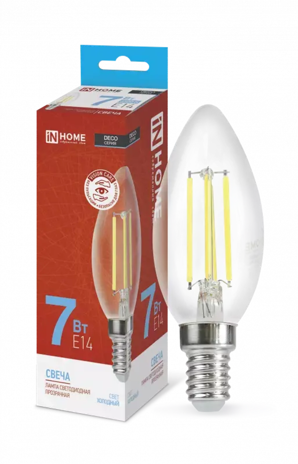 Лампа светодиодная LED-СВЕЧА-deco 7Вт 230В Е14 6500К ХОЛОДНЫЙ 810Лм прозрачная IN HOME