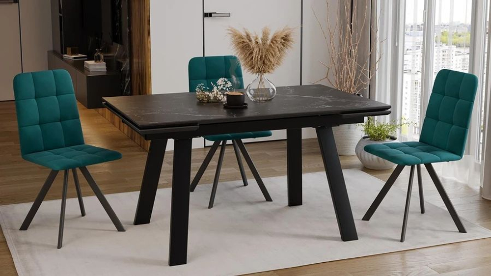 Стол кухонный обеденный раздвижной Черный муар/Керамика матовая серый мрамор 140(200)х85х76 см