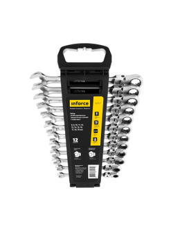 Набор комбинированных шарнирных ключей с трещоткой 12 предметов Inforce, Сталь Cr-V, 8-19мм, 06-05-51