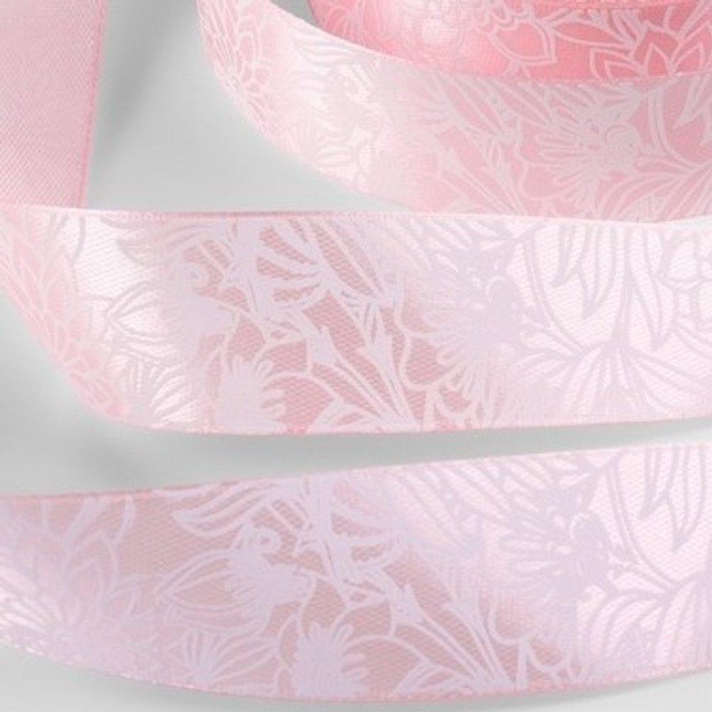 Лента атласная 25 мм Цветы Розовая, 18 м