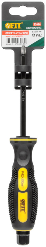 Отверткa ударная, сталь s2, шестигран.жало, боек под ключ, прорезиненная ручка, Профи 6х100 мм ph2 55626 FIT