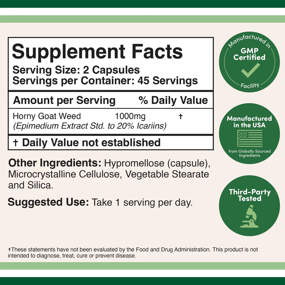 Double Wood Supplements - Horny Goat Weed - 90 x 500 mg capsules