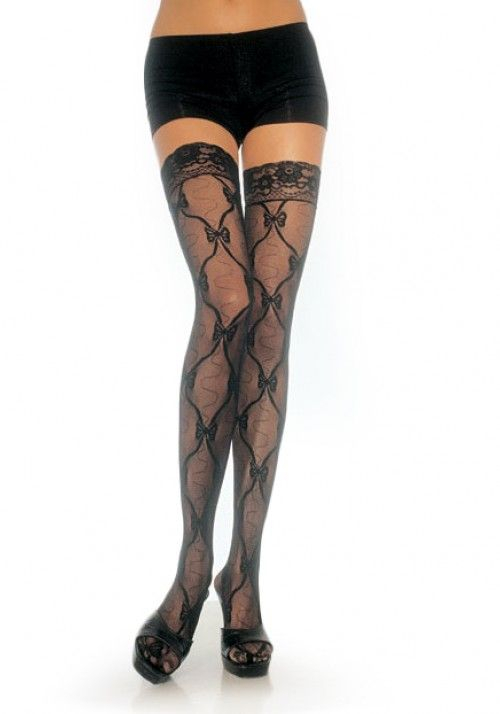 Ажурные чулки с узором в виде бантов и лент (Размер: S-M-L) (Цвет: черный)