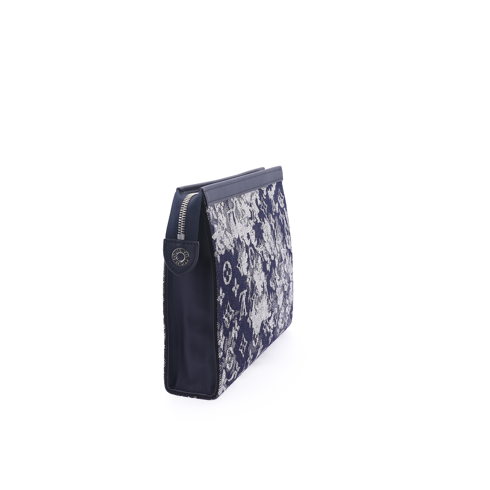 LOUIS VUITTON Canvas With Leather Storage Bag, Clutch Toiletry Bag Men"s Blue Gray