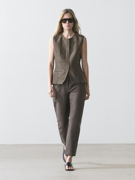 Massimo Dutti Льняные брюки бочкообразного кроя, шоколадный