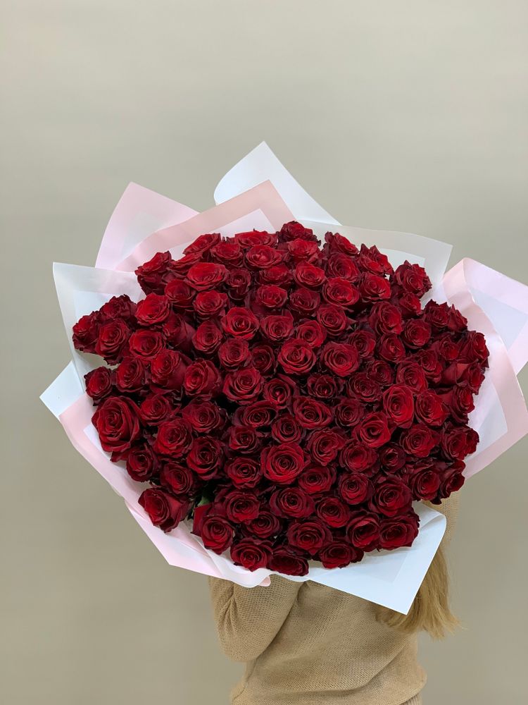 Букет 101 красная роза Эквадор 60см в пленке
