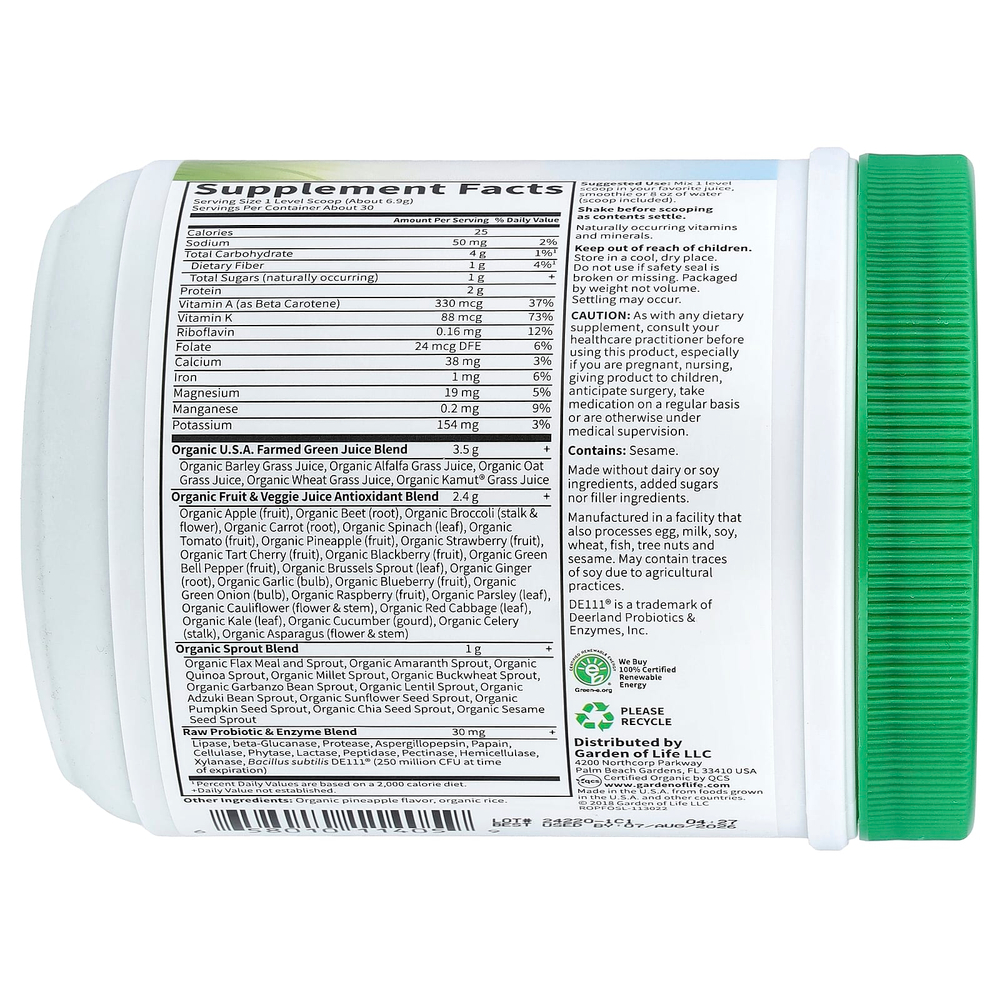 Garden of Life, Raw Organic Perfect Food®, зеленый суперфуд, порошок из сочной зелени, оригинальный вкус, 207 г (7,3 унции)
