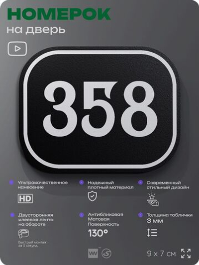 Номерок на дверь квартиры 358, для кабинета, офиса, шильдик 9 х 7 см, черный, Айдентика Технолоджи