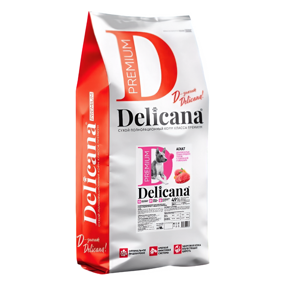 Delicana корм сухой для взрослых собак средних пород говядина, овощи