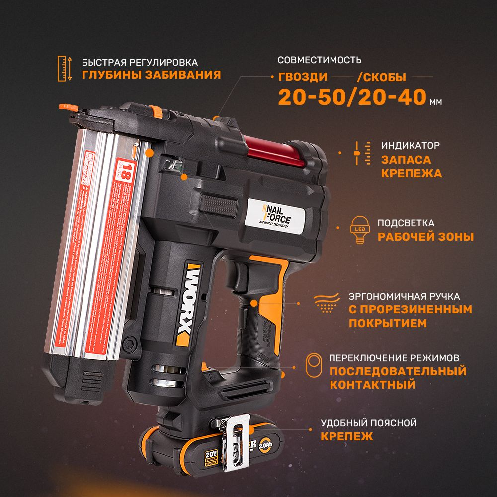 Аккумуляторный Гвозде-скобозабиватель WORX WX840 20В