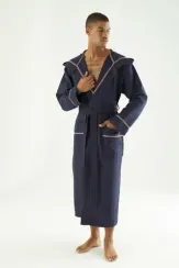 Вафельный мужской халат с капюшоном 24680 синий NUSA