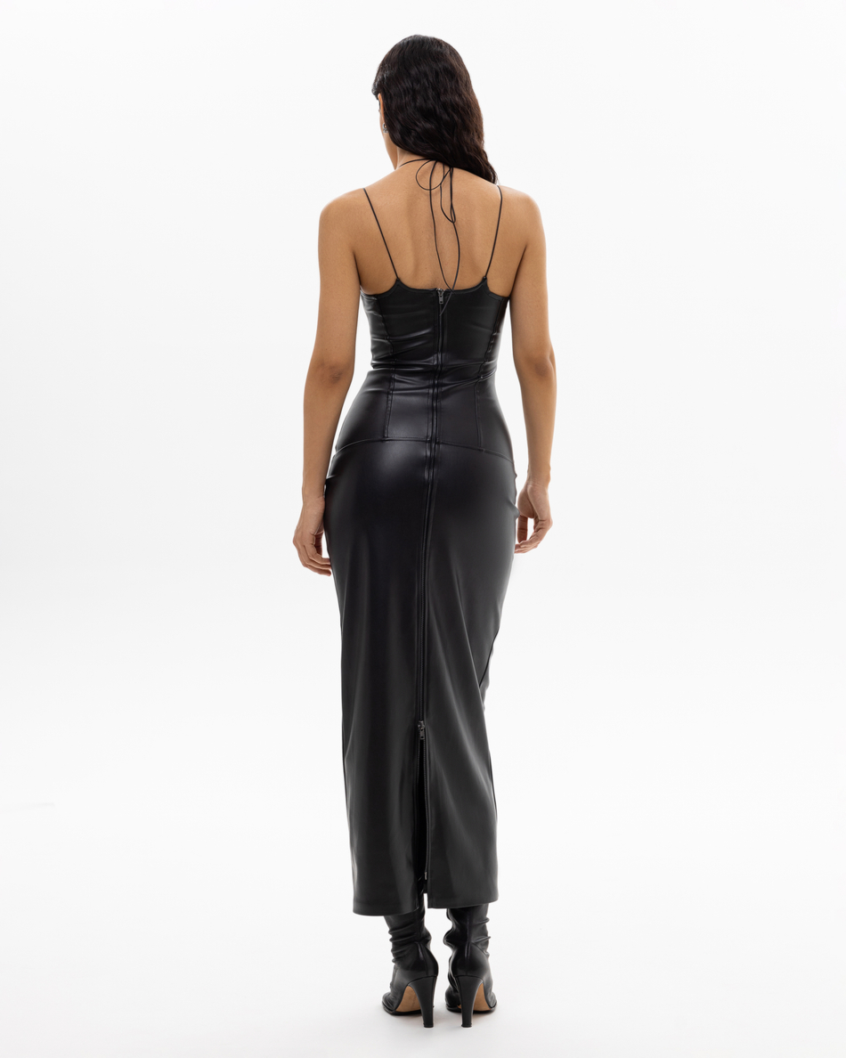 V-LEATHER MAXI DRESS