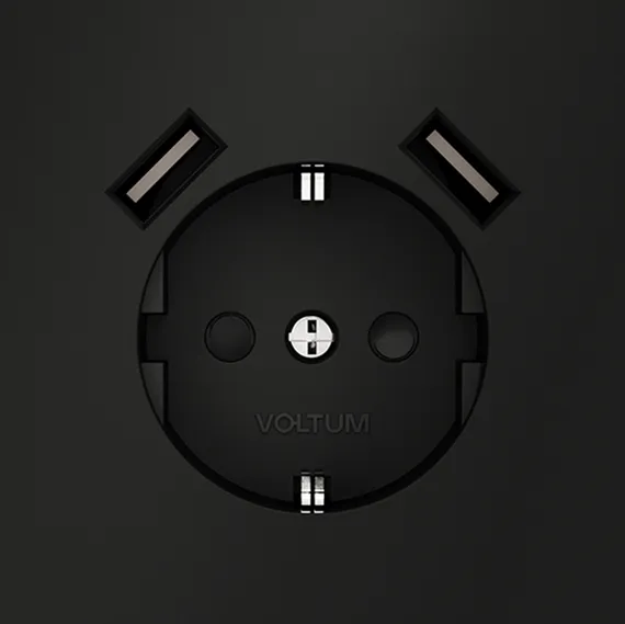 Розетка встраиваемая VOLTUM S70 с заземлением и защитными шторками, 16А, с USB, A+A, (черный матовый vls040408