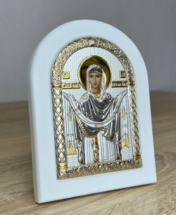 Покрова БМ, икона арочная, белое дерево 105х140
