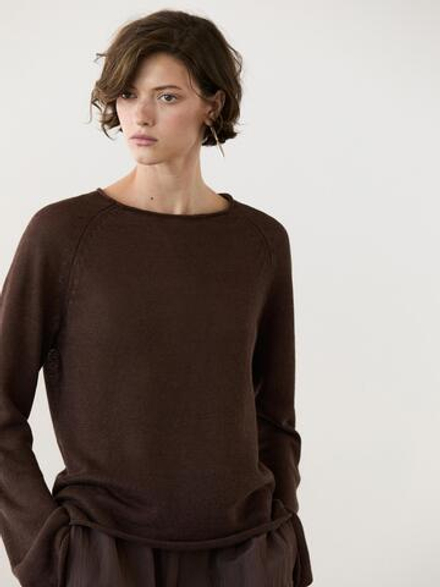 Massimo Dutti Свитер из льняного трикотажа с круглым вырезом, коричневый