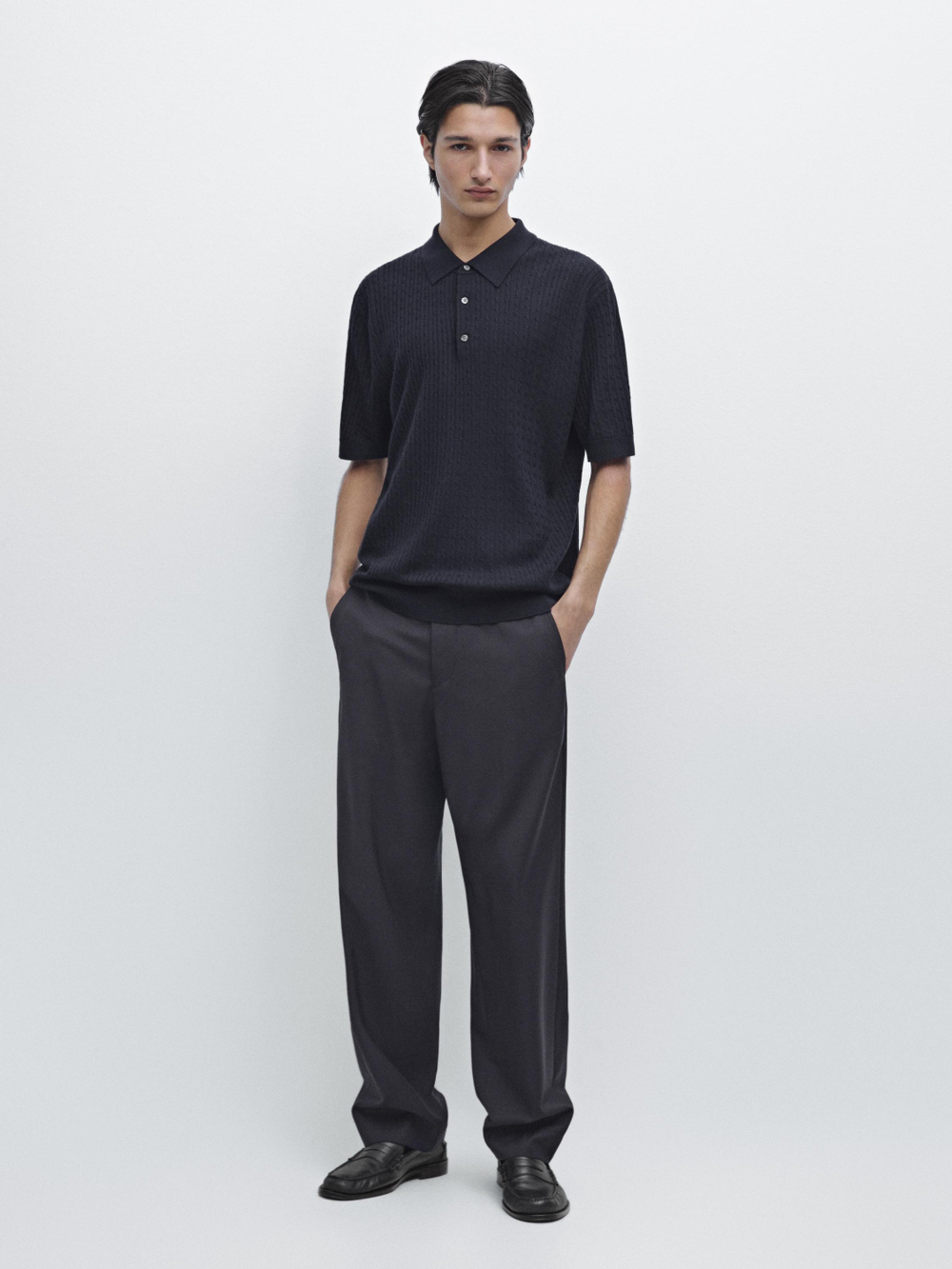 Massimo Dutti Трикотажный свитер-поло из мериносовой шерсти, темно-синий