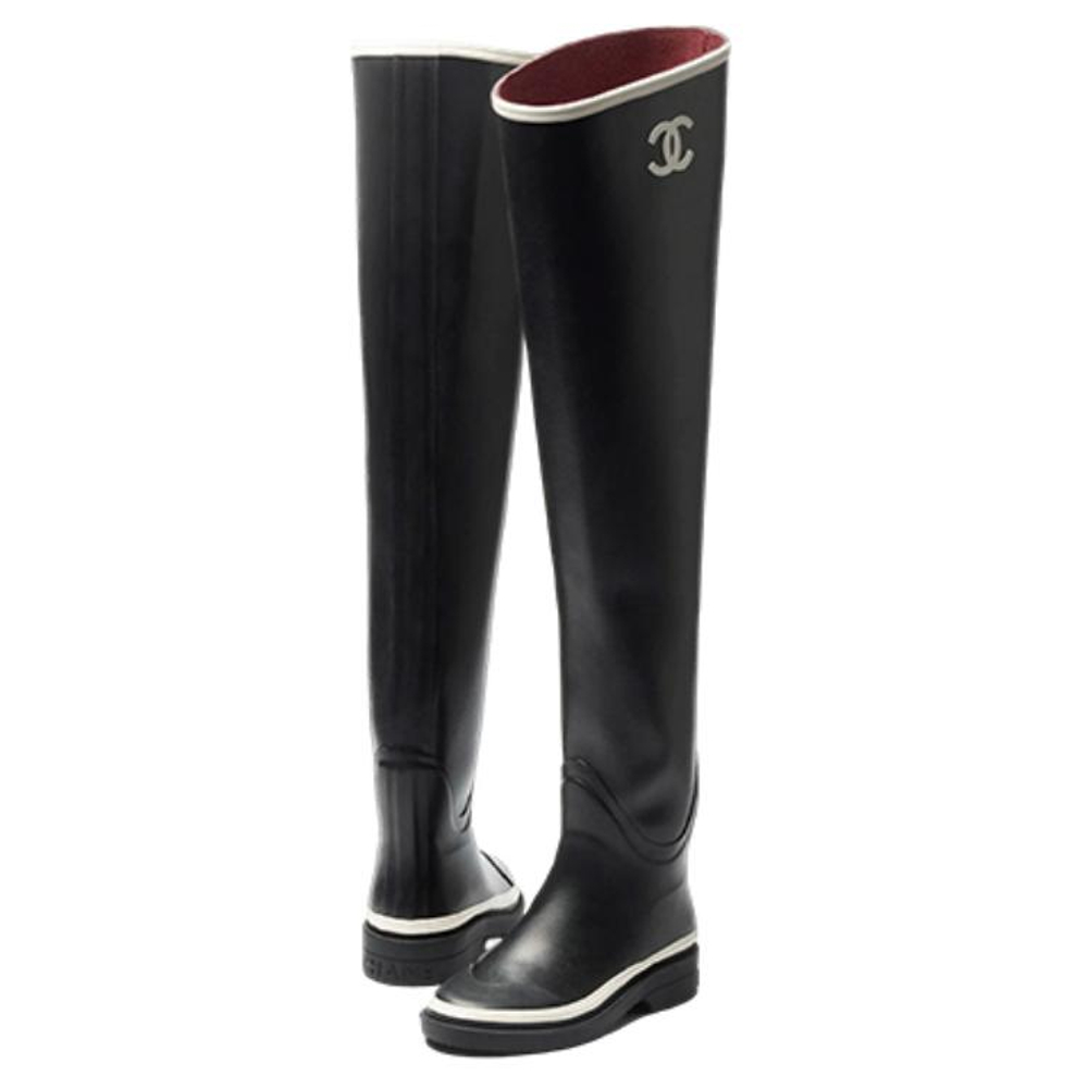 CHANEL Thigh High Rubber Rain Boots Black Women"s