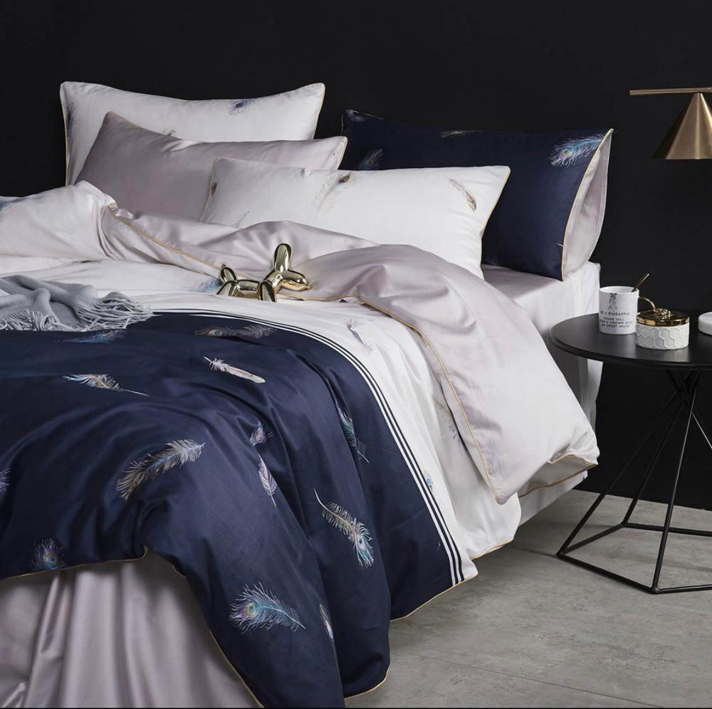 Комплект постельного белья Семейный (2 пододеяльника) Мако-сатин Египетский Хлопок Синий перья