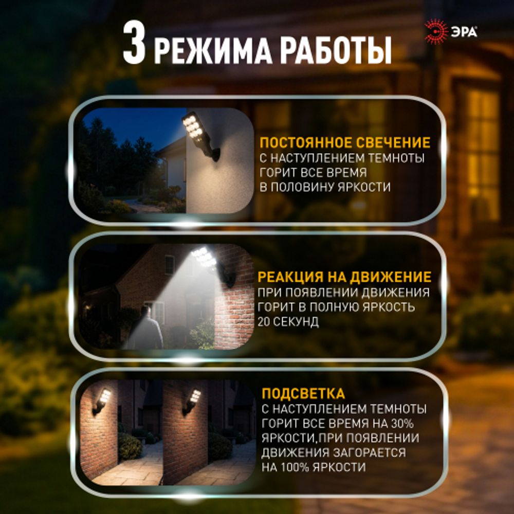 Светильник уличный ЭРА ERAKSS25-01 на солнечной батарее 10 Вт 400 Лм 5000К 63 LED SMD с датчиком движения ПДУ IP44 | Садовые фасадные светильники