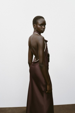 ZARA АТЛАСНОЕ ПЛАТЬЕ МИДИ С КОНТРАСТНОЙ ОТДЕЛКОЙ, КОРИЧНЕВЫЙ