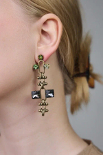 Серьги крупные геометрия с кристаллами серого, зеленого, желтого и оттенка хаки, оттенок бронза