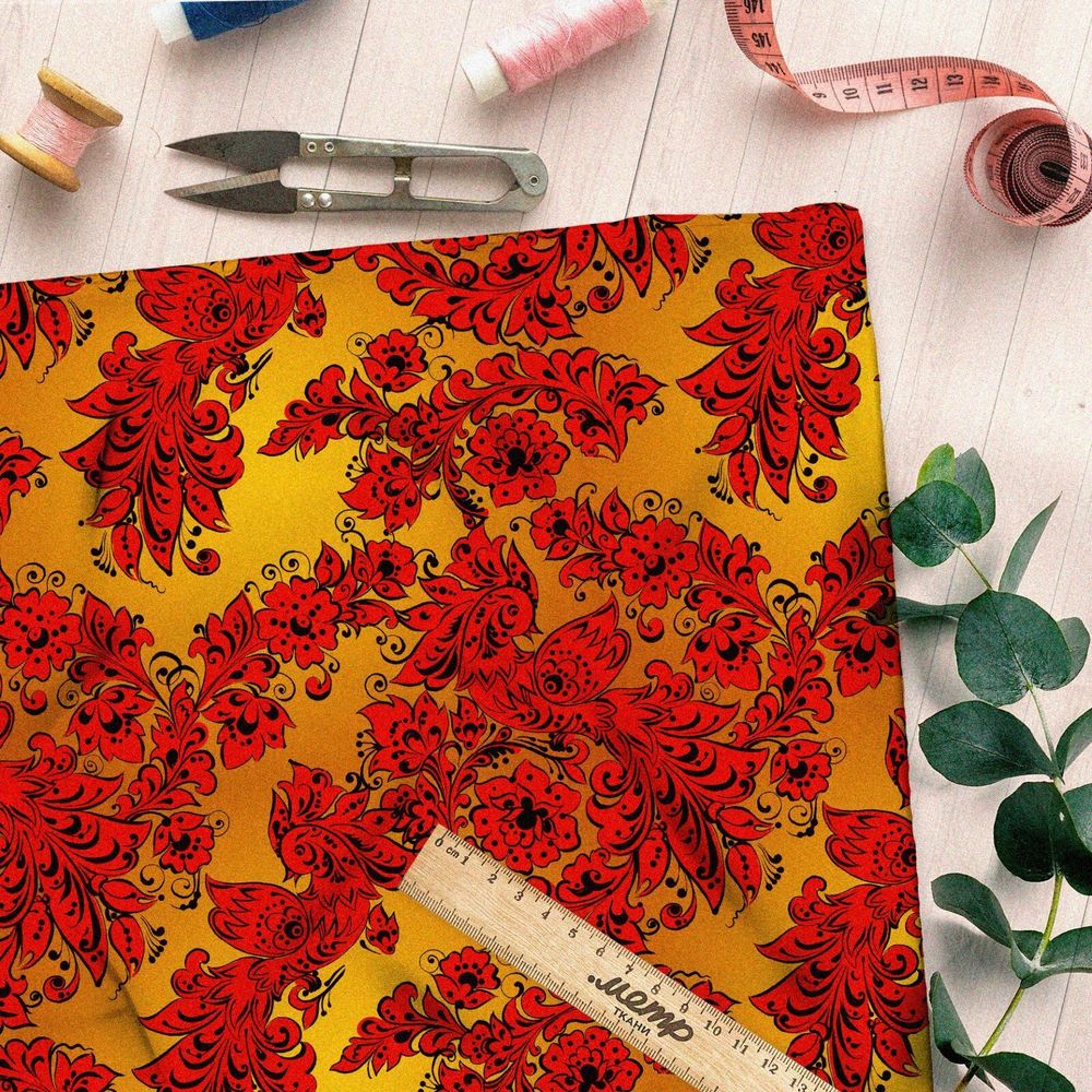 Ткань блэкаут хохломские узоры красные