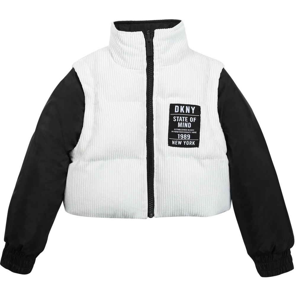 Куртка двухсторонняя DKNY Белый вельвет/Черные рукава/Нашивка: черный ярлык//Черный/Белый логотип Девочка