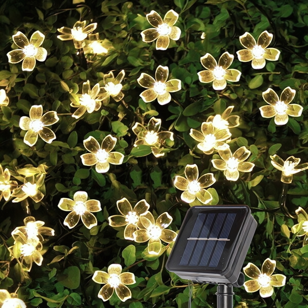 Гирлянда для улицы «Цветок» 7 м 50 ламп LED чёрный провод, 2 реж.,IP-55, Теплый белый (солнечная батарея).