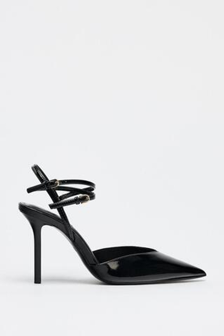 ZARA ЛАКИРОВАННЫЕ БОСОНОЖКИ НА ВЫСОКОМ КАБЛУКЕ, ЧЕРНЫЙ
