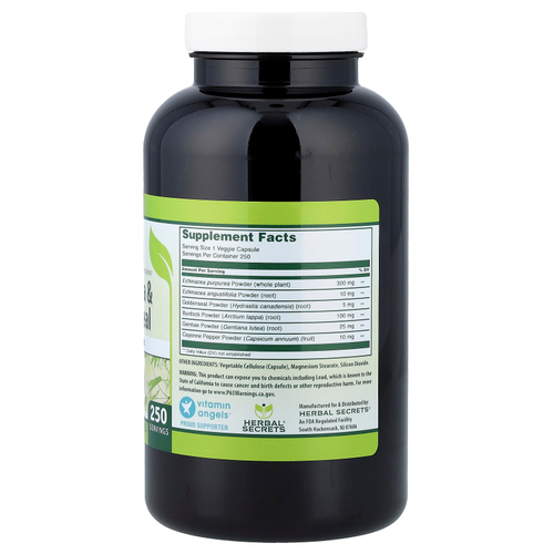 Herbal Secrets, эхинацея и желтокорень, 250 растительных капсул