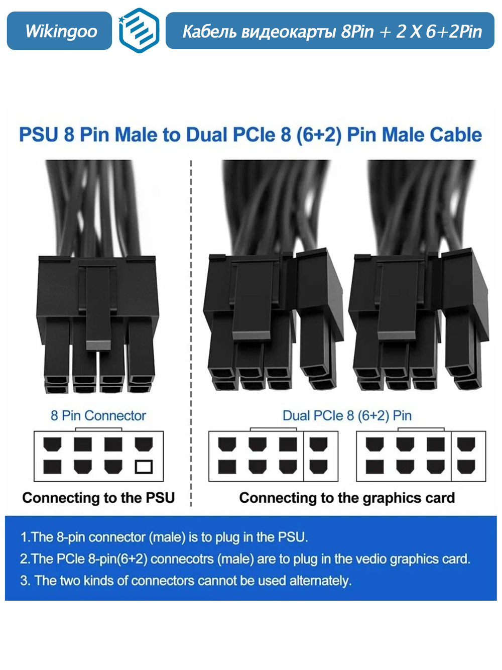 Кабель питания видеокарты, PCIe 8PIN -&gt; 2 X 6+2Pin, 0.4m