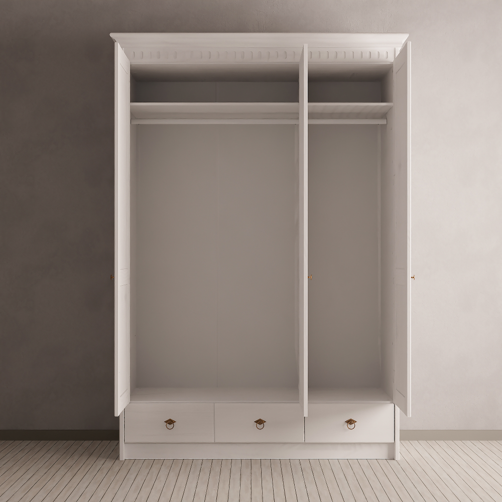 Шкаф для одежды Боцен из сосны с зеркалом, 3 двери 2 ящика, 155х62х222, с 2-мя штангами и полками, белый воск