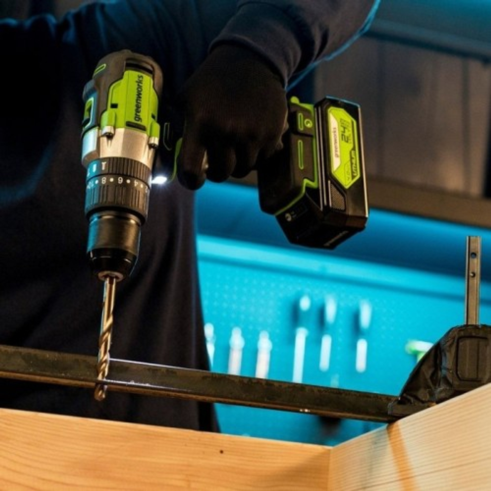 Дрель-шуруповерт аккумуляторная GREENWORKS GD24DD60 ударная, 24V, 2 АКБ 2Ач и ЗУ 3704107CUC