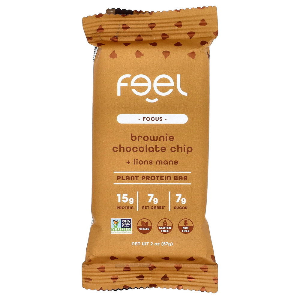 The Feel Bar, Focus, батончики с растительным протеином, брауни с шоколадной крошкой и ежовиком гребенчатым, 10 батончиков по 57 г (2 унции)