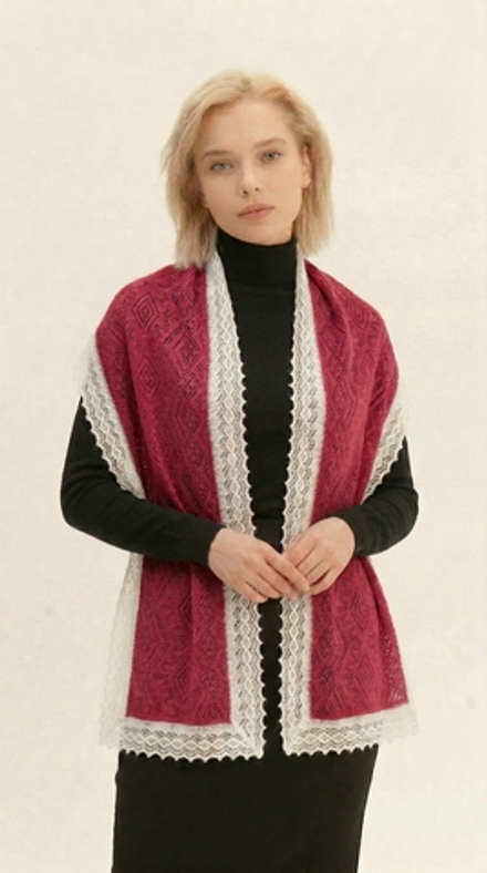 Оренбургский хлопковый палантин МА16070-14/02 малиновый-экрю