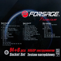 Набор инструментов 94+6пр.1/4'',1/2''(6гр.)+(головка-бита1/4'':T40,биты 5/16'':М5,6,8,10,12,14,головка 1/2''8мм,ключиГ-обр.:4,5,6мм,T20H,T25H) Forsage F-4941-5 PREMIUM