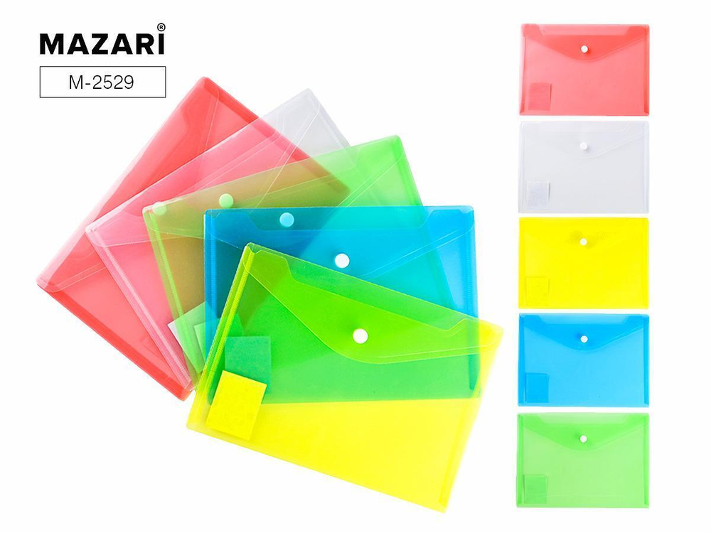 Папка-конверт на кнопке 23.9х17см. "Limpid" пластиковая, плотность 180мкм, 4 дизайна (Mazari)