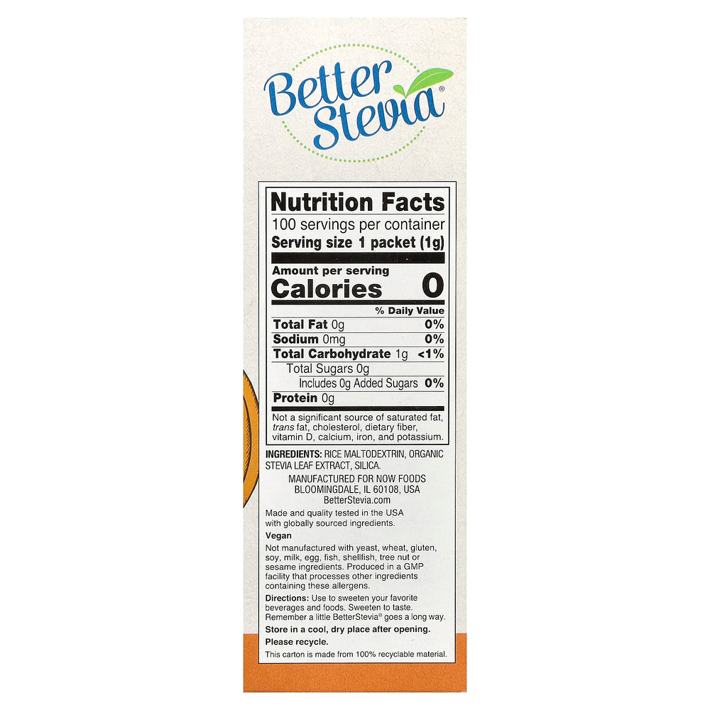 NOW Foods, Better Stevia®, низкокалорийный подсластитель, оригинальный вкус, 100 пакетиков, 100 г (3,5 унции)