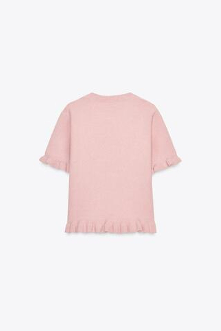 ZARA ТРИКОТАЖНЫЙ ДЖЕМПЕР С КОРОТКИМИ РУКАВАМИ И РЮШАМИ, ПАСТЕЛЬНО-РОЗОВЫЙ