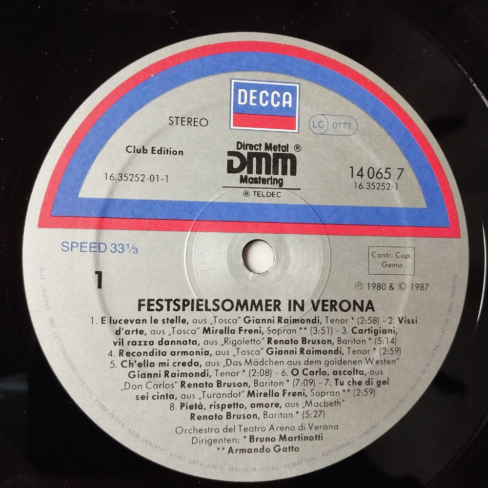 Винтажная виниловая пластинка LP Freni, Ricciarelli, Kabaiwanska, Cortez, Pavarotti, G. Raimondi, Festsommerspiele In Verona (Germany 1984)
