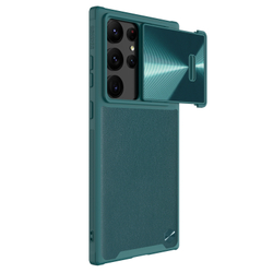 Чехол зеленого цвета (Exuberant Green) с вставками из кожи от Nillkin для Samsung Galaxy S23 Ultra, полуавтоматическая конструкция сдвижной крышки, серия CamShield Leather Case S