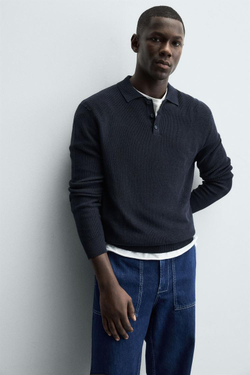 ZARA ПОЛО ИЗ ЖЕМЧУЖНОГО ТРИКОТАЖА, МОРСКОЙ СИНИЙ