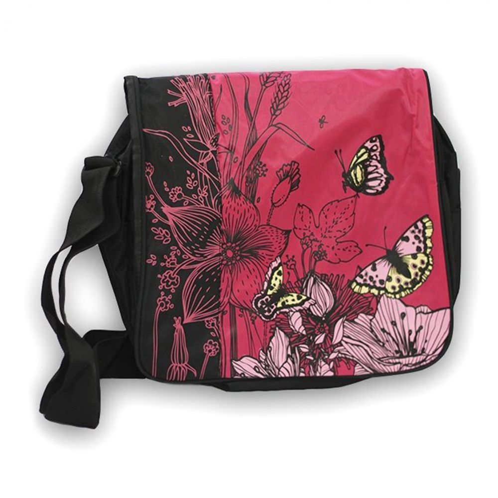 Сумка женская/для девочки, 260х340х110 мм, "Цветы и бабочки", рем. через плечо, 1 отделение, влагост. текстиль, 2 кармана, ассорти (черно-красный)