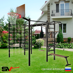 Уличная шведская стенка Sv Sport рукоход с комплектом турник прямой 2шт У5356К (Турник/Брусья/Стойка/Скамья/Деревянные/Щит баскет/Сетка)