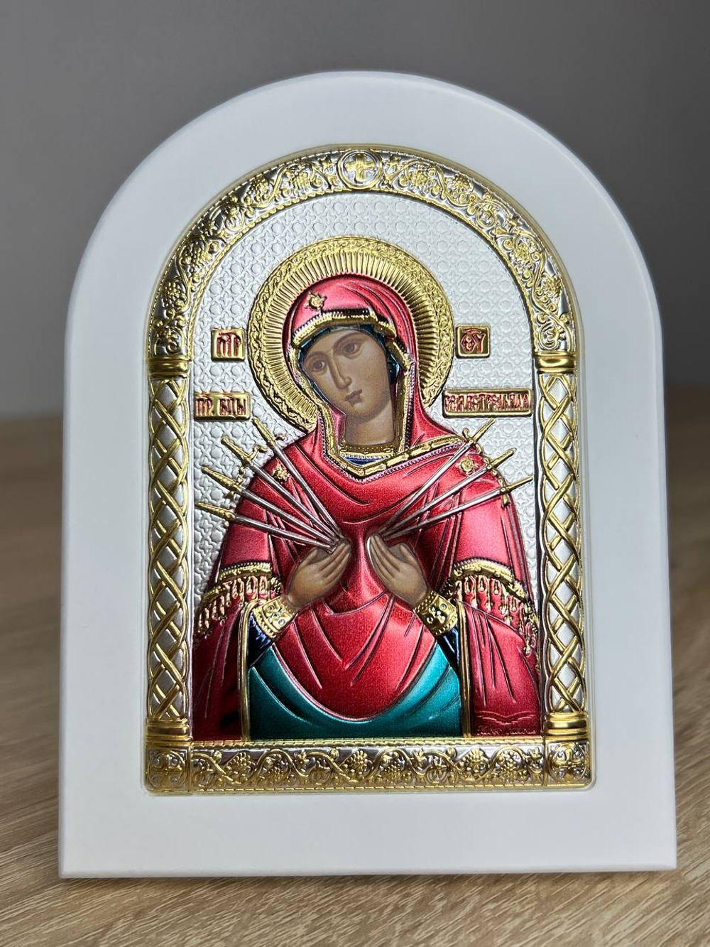 Семистрельная БМ, икона арочная, белое дерево, эмаль 105х140